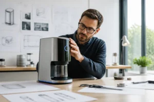 Ingénieur en design industriel examinant un prototype d'appareil électroménager moderne dans un studio de recherche technologique.