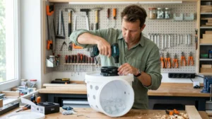 Un bricoleur assemble un système de climatisation DIY avec un seau et un ventilateur dans son atelier.