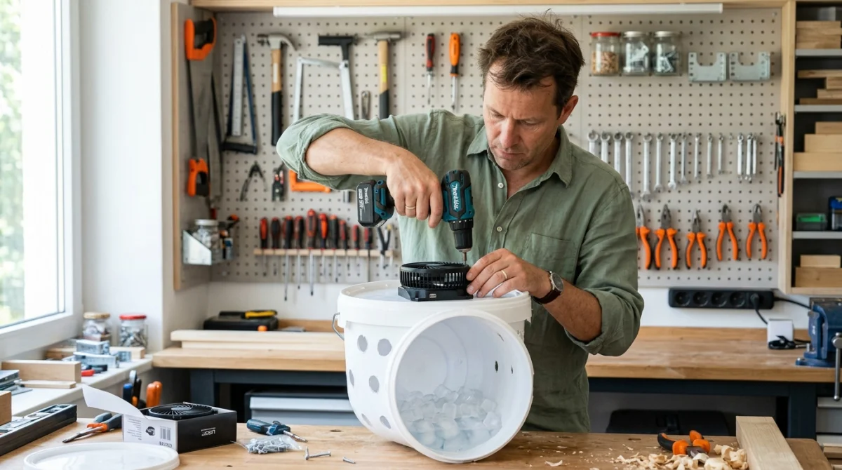 Un bricoleur assemble un système de climatisation DIY avec un seau et un ventilateur dans son atelier.
