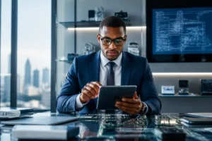 Professionnel travaillant sur une tablette numérique dans un bureau moderne pour illustrer qui fabrique la marque Gedtech.