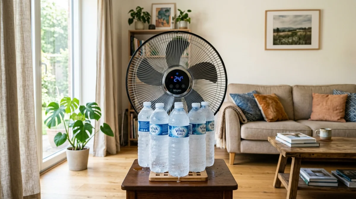 Ventilateur domestique avec bouteilles d'eau gelées pour expliquer comment faire une climatisation avec un ventilateur.