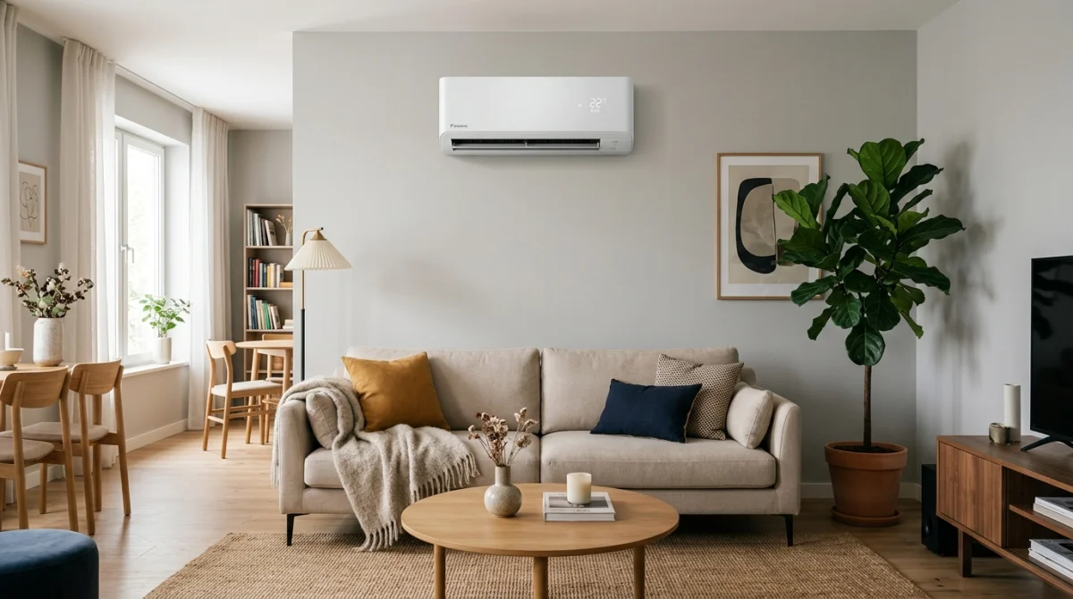 Unité intérieure de climatisation réversible moderne installée dans un salon contemporain lumineux et chaleureux.