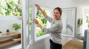 Personne installant soigneusement un kit de calfeutrage sur une fenêtre pour l'installation d'une climatisation mobile.