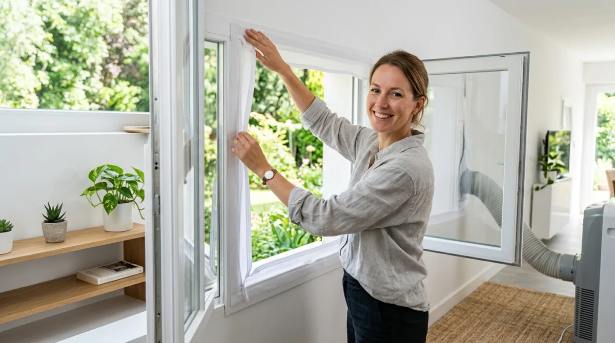 Personne installant soigneusement un kit de calfeutrage sur une fenêtre pour l'installation d'une climatisation mobile.