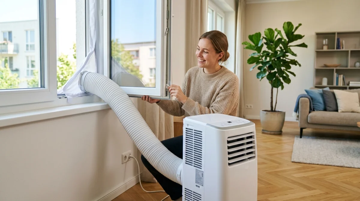 Une personne souriante installe le tuyau d'évacuation d'une climatisation mobile vers une fenêtre dans un salon moderne.