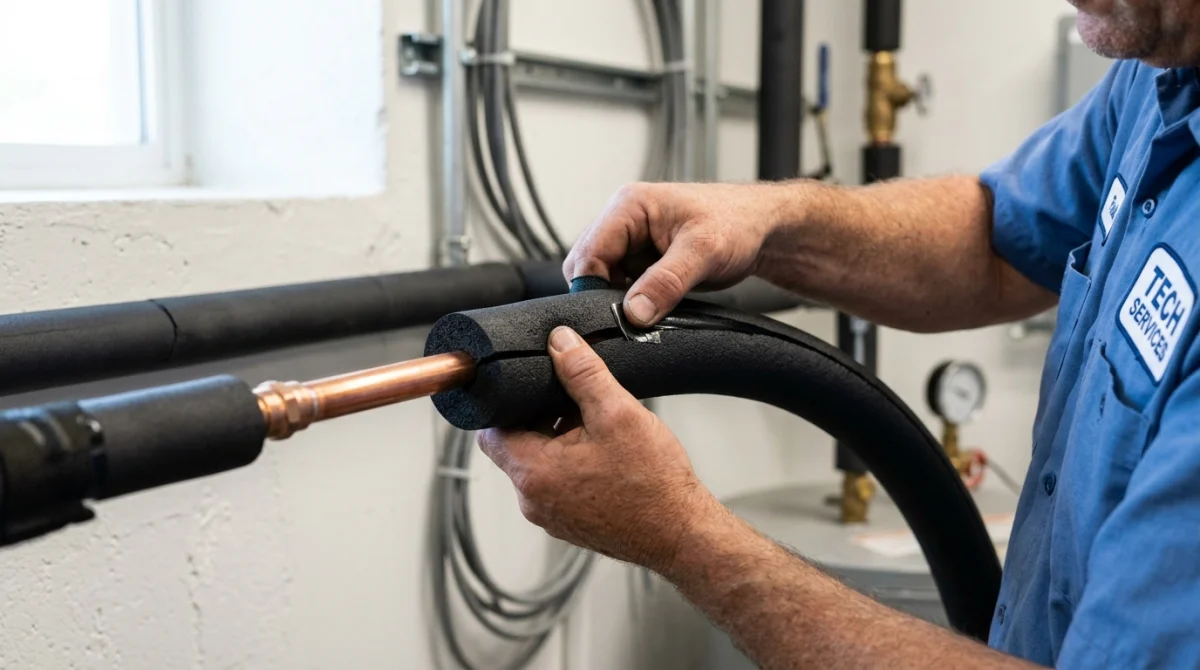 Artisan installant une gaine isolante en mousse noire sur un tuyau de climatisation en cuivre pour une isolation optimale.