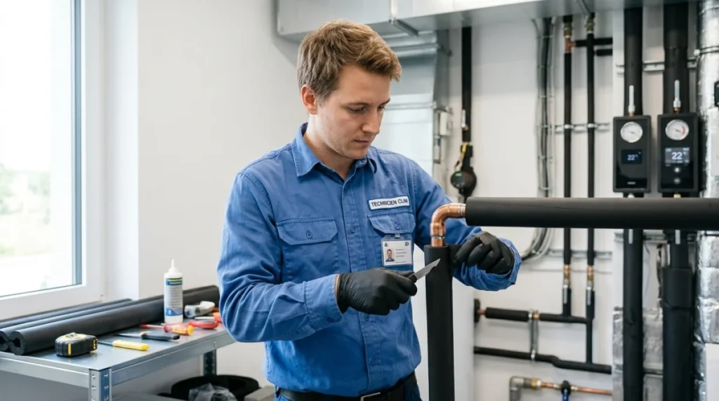 Technicien posant une gaine isolante noire sur un tuyau de climatisation pour expliquer comment isoler son installation.