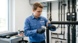 Technicien posant une gaine isolante noire sur un tuyau de climatisation pour expliquer comment isoler son installation.