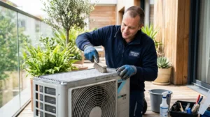Technicien nettoyant minutieusement les ailettes d'une unité extérieure pour apprendre comment nettoyer une climatisation réversible efficacement.