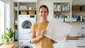 Personne souriante tenant un filtre de climatisation propre dans une buanderie lumineuse pour apprendre comment nettoyer filtres climatisation.