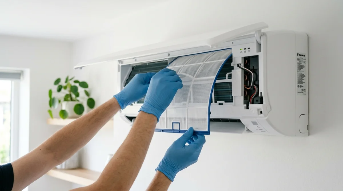 Mains gantées retirant un filtre propre d'une climatisation murale pour illustrer comment nettoyer une climatisation réversible.