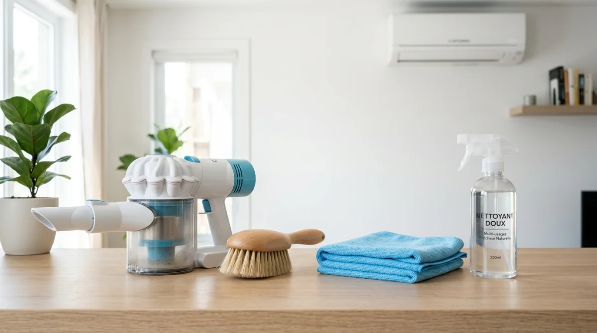 Kit de nettoyage complet avec aspirateur, brosse et chiffon pour savoir comment nettoyer filtres climatisation efficacement.