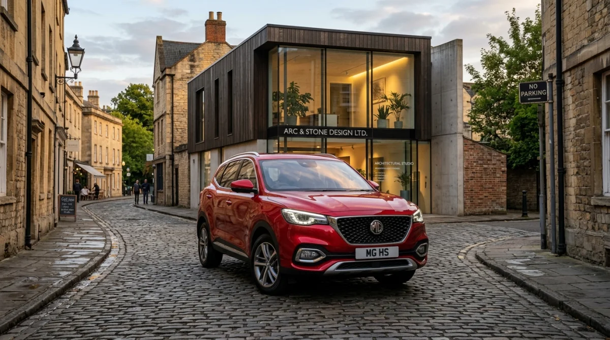 Voiture MG moderne rouge garée devant un studio architectural, illustrant qui fabrique la marque MG aujourd'hui.