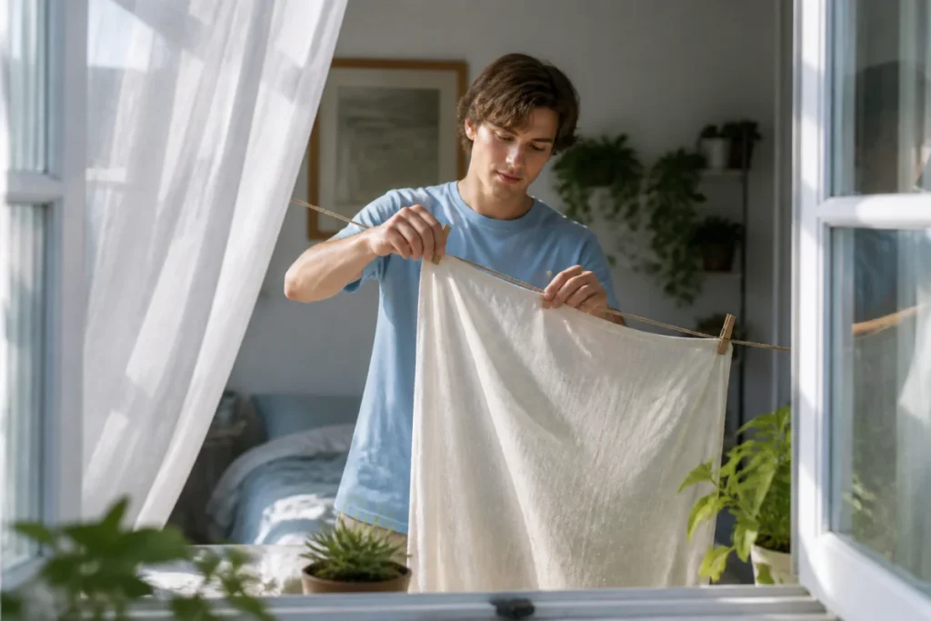 Personne suspendant du linge humide devant une fenêtre ouverte pour rafraîchir naturellement sa maison en été.