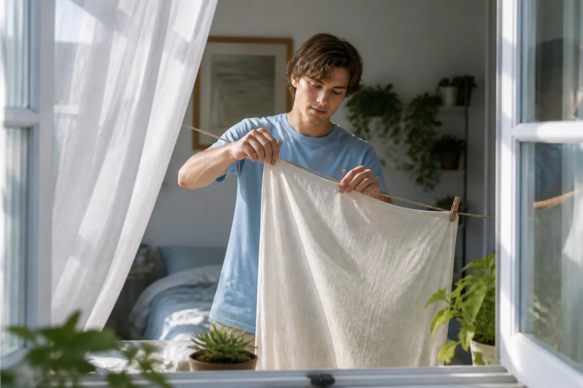 Personne suspendant du linge humide devant une fenêtre ouverte pour rafraîchir naturellement sa maison en été.