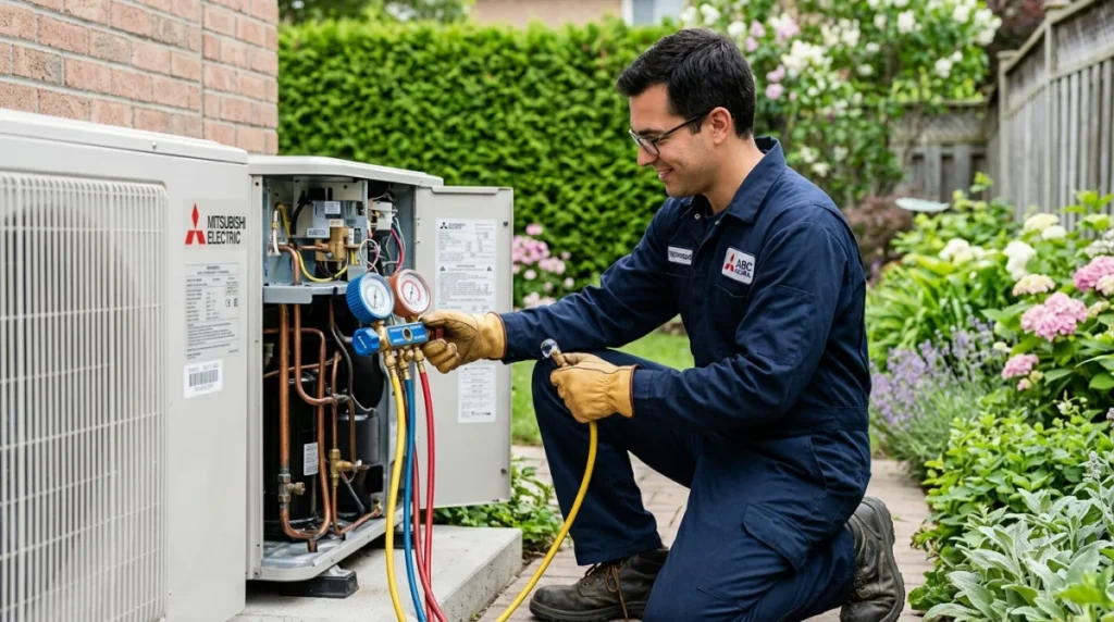 Technicien professionnel utilisant un manomètre pour recharger une climatisation maison sur une unité extérieure dans un jardin.