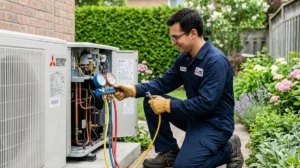 Technicien professionnel utilisant un manomètre pour recharger une climatisation maison sur une unité extérieure dans un jardin.