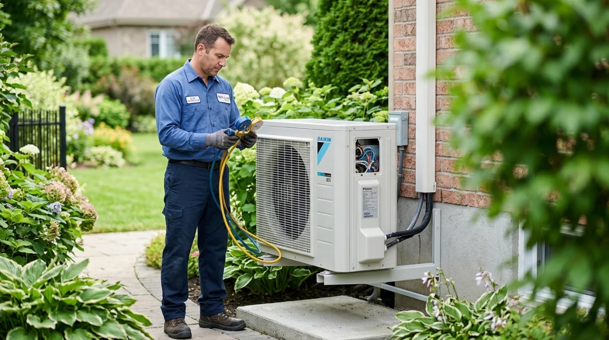 Technicien professionnel utilisant un manomètre pour recharger une unité de climatisation dans un jardin résidentiel.