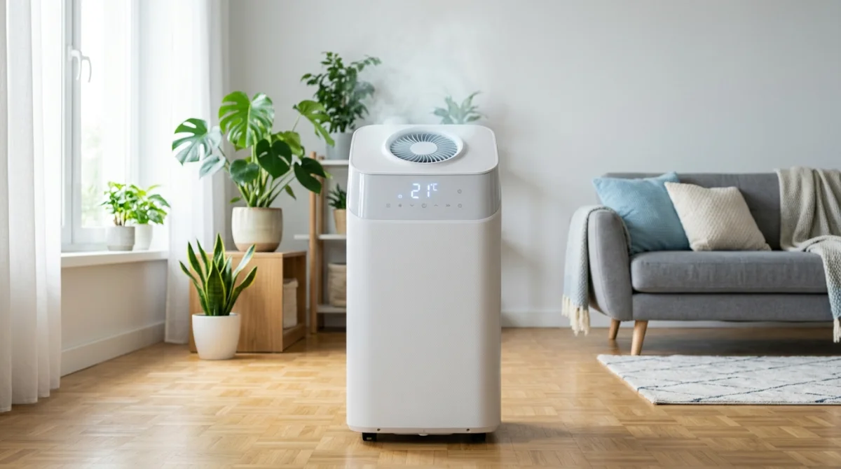 Climatisation mobile moderne dans un salon lumineux pour illustrer comment recharger une climatisation mobile efficacement.