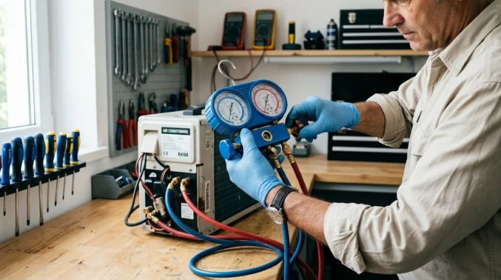 Technicien utilisant un manomètre professionnel pour recharger une climatisation mobile dans un atelier de maintenance spécialisé.