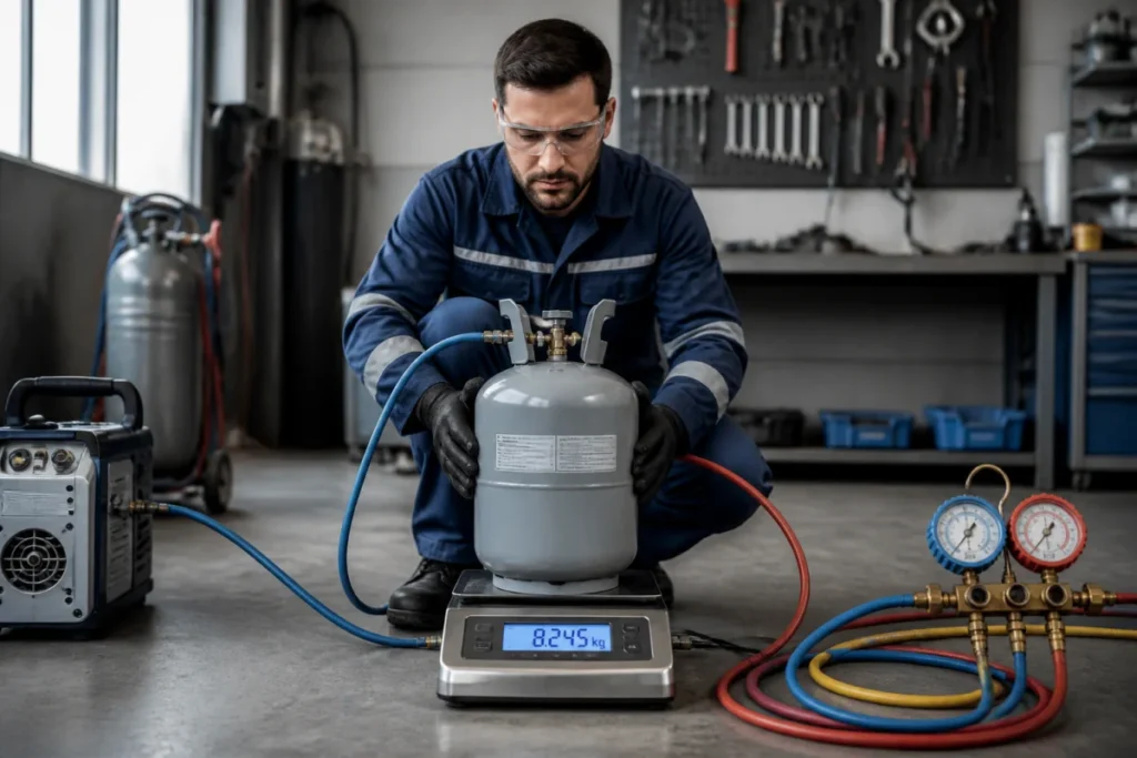 Technicien qualifié utilisant une balance numérique pour récupérer le gaz d'une climatisation en toute sécurité dans un atelier.