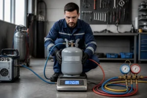 Technicien qualifié utilisant une balance numérique pour récupérer le gaz d'une climatisation en toute sécurité dans un atelier.