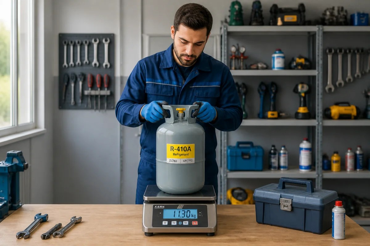 Technicien professionnel pesant une bouteille de récupération de gaz pour expliquer comment récupérer le gaz d'une climatisation.
