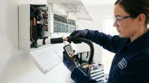 Technicien vérifiant la connexion d'un tuyau de climatisation moderne avec un thermomètre pour expliquer comment réparer un tuyau.