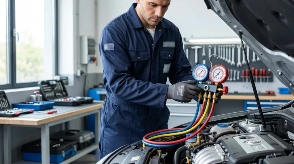 Technicien automobile utilisant un manomètre professionnel pour tester le pressostat d'un système de climatisation dans un garage.