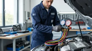 Technicien automobile utilisant un manomètre professionnel pour tester le pressostat d'un système de climatisation dans un garage.