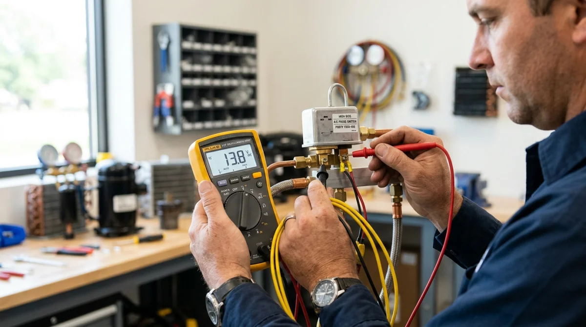 Technicien utilisant un multimètre pour tester un pressostat de climatisation métallique dans un atelier professionnel.