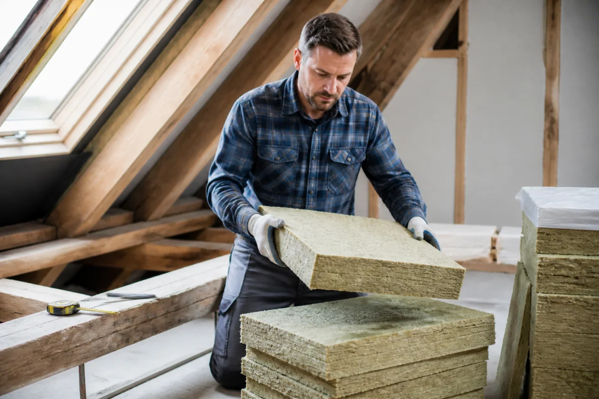Artisan installant des panneaux d'isolation en laine de roche dans des combles pour réduire le coût des travaux.