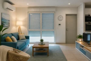 Comment bien utiliser sa climatisation dans un salon frais, volets et fenêtres fermés, appareils électriques éteints