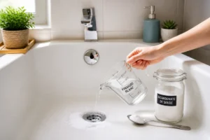 Baignoire débouchée avec bicarbonate de soude et vinaigre blanc, verre doseur et cuillère près de la bonde
