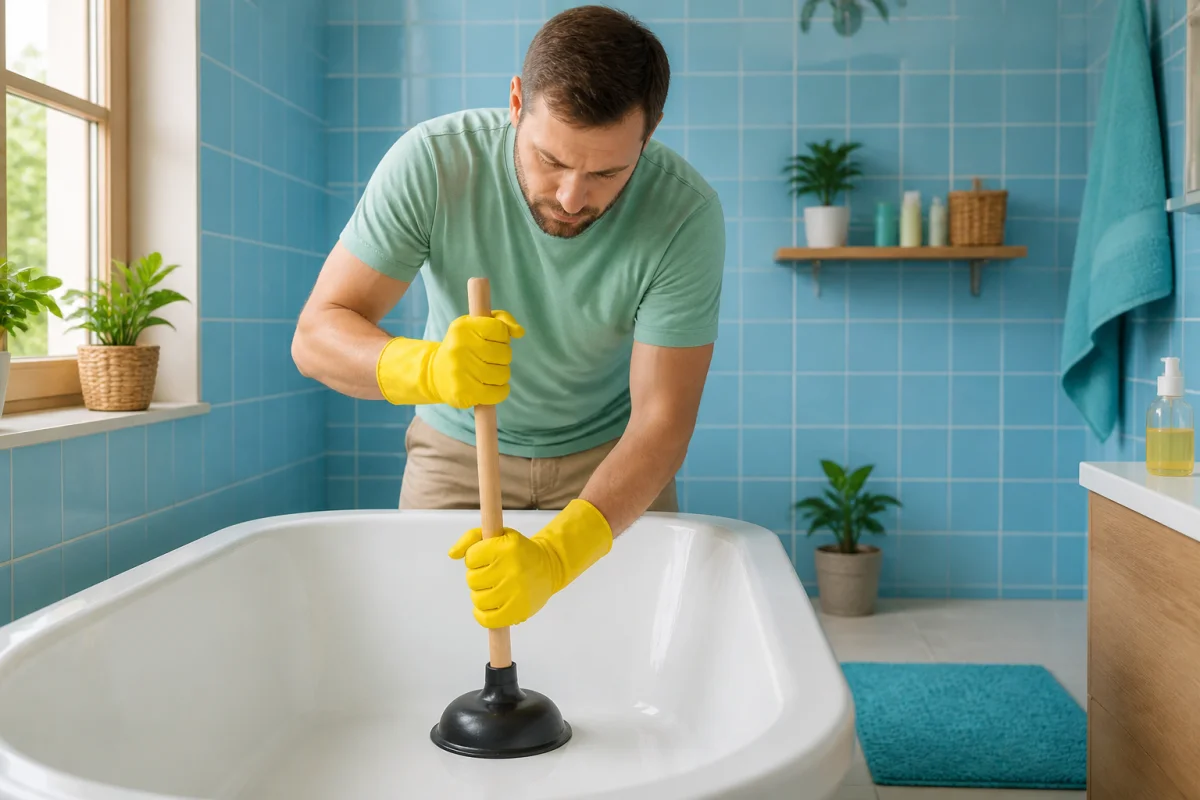 Personne utilisant une ventouse pour déboucher la baignoire dans une salle de bains lumineuse