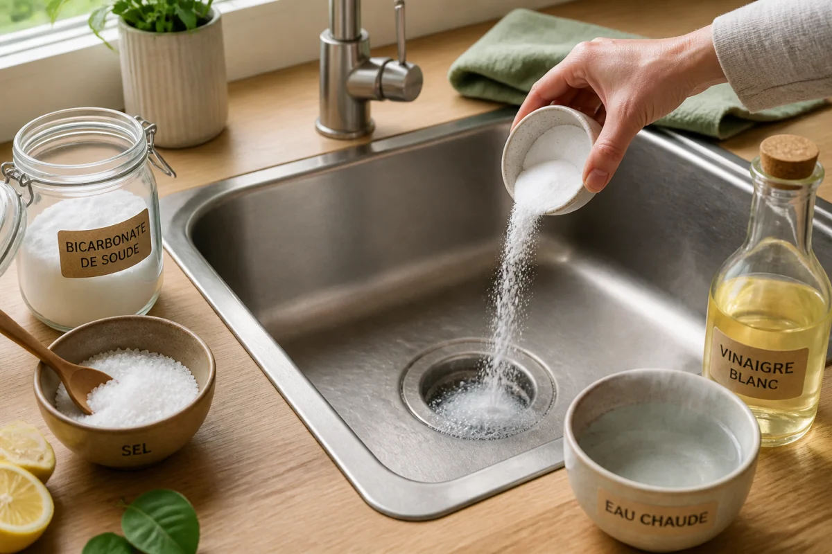 Évier propre avec bicarbonate, vinaigre blanc, sel et eau chaude pour déboucher naturellement une canalisation