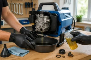 Vidange et remplissage d’huile d’une pompe de nettoyeur haute pression électrique dans un atelier domestique