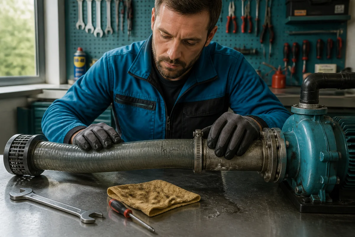 Technicien inspectant le tuyau d’aspiration d’une pompe à eau qui ne monte pas en pression, raccord et joint usé visibles