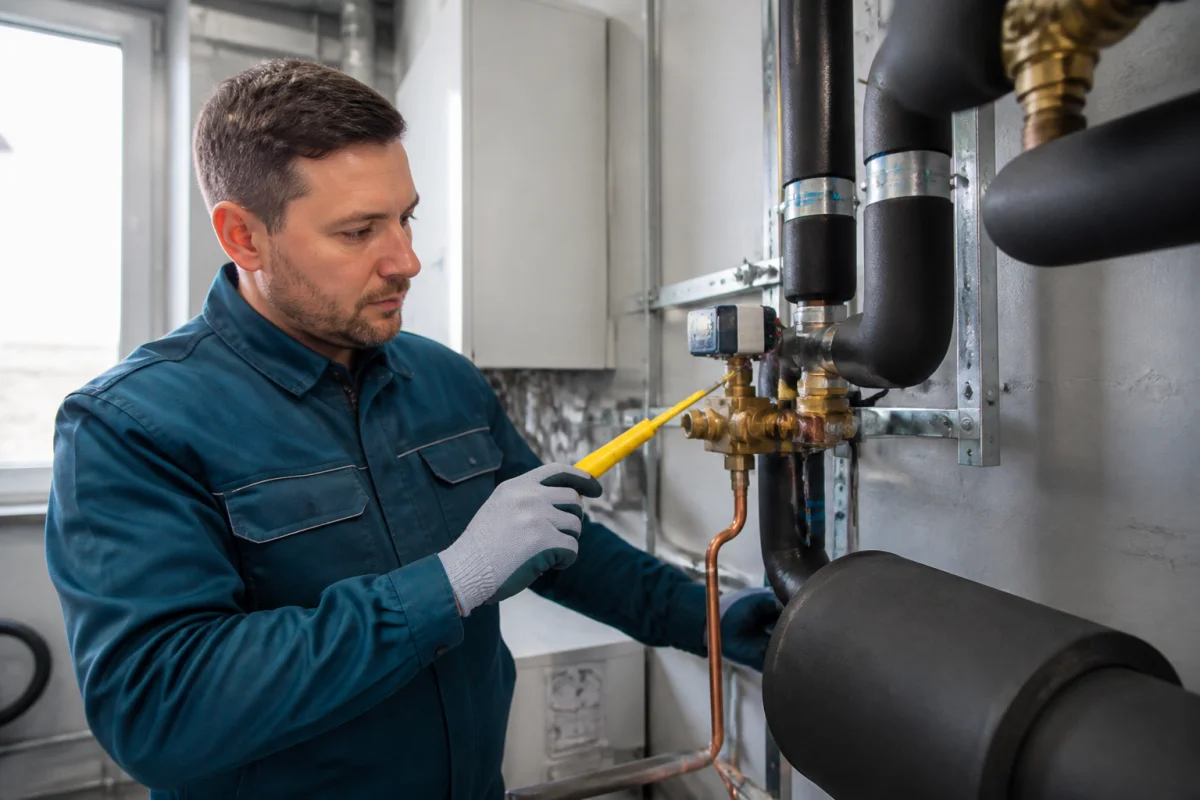 Technicien tapotant doucement une vanne 4 voies de climatisation pour la débloquer, sans démonter le circuit