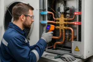 Technicien contrôlant une vanne 4 voies de climatisation et ses quatre tubes avec un thermomètre infrarouge