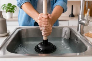 Personne utilisant une ventouse pour déboucher naturellement l’évacuation d’un évier rempli d’eau