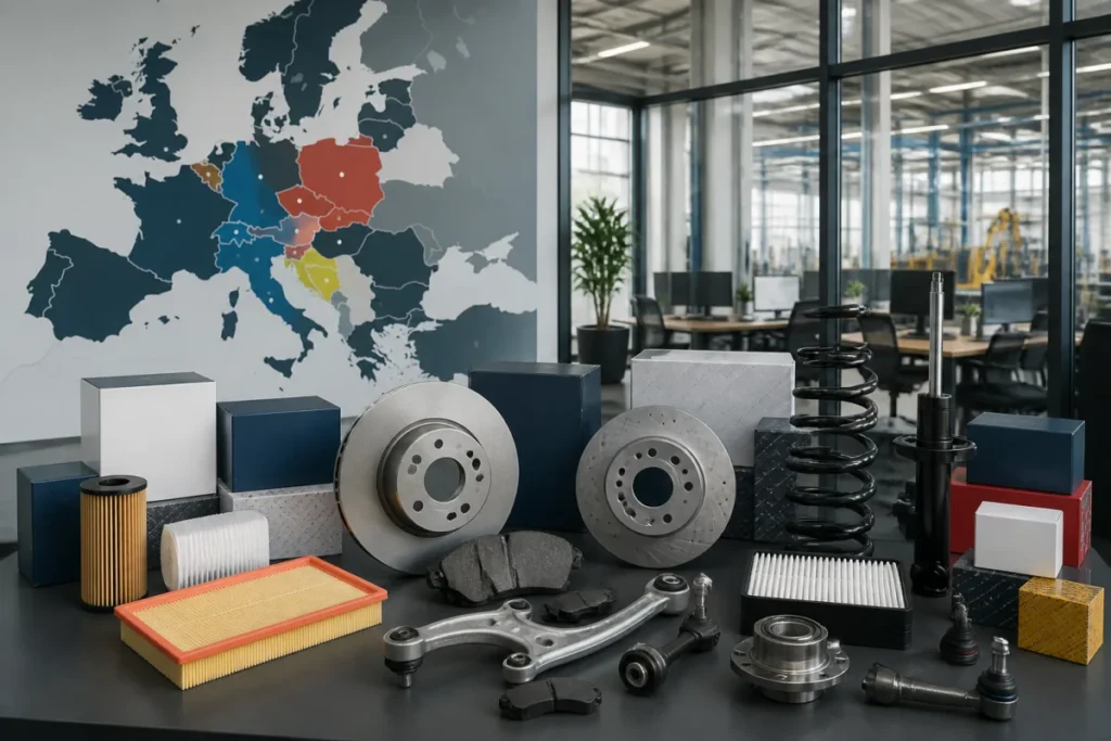 Pièces automobiles NTY et emballages neutres devant une carte de l’Europe illustrant leur fabrication internationale