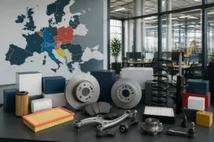 Pièces automobiles NTY et emballages neutres devant une carte de l’Europe illustrant leur fabrication internationale