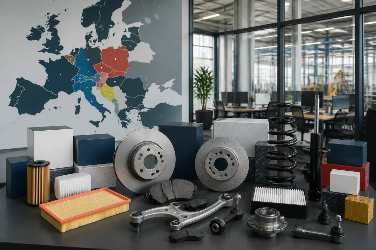 Pièces automobiles NTY et emballages neutres devant une carte de l’Europe illustrant leur fabrication internationale