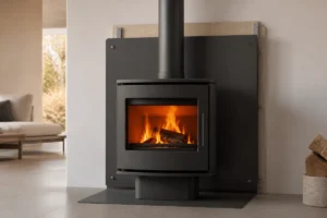 Poêle à bois devant un placo feu, avec panneau anti-rayonnement ventilé et lame d’air protectrice.