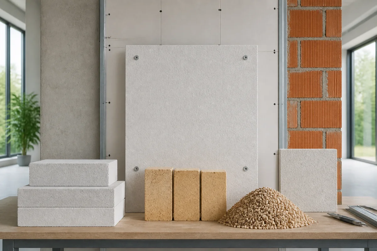 Échantillons d’isolants incombustibles présentés devant un mur en placo feu, illustrant les solutions de protection thermique