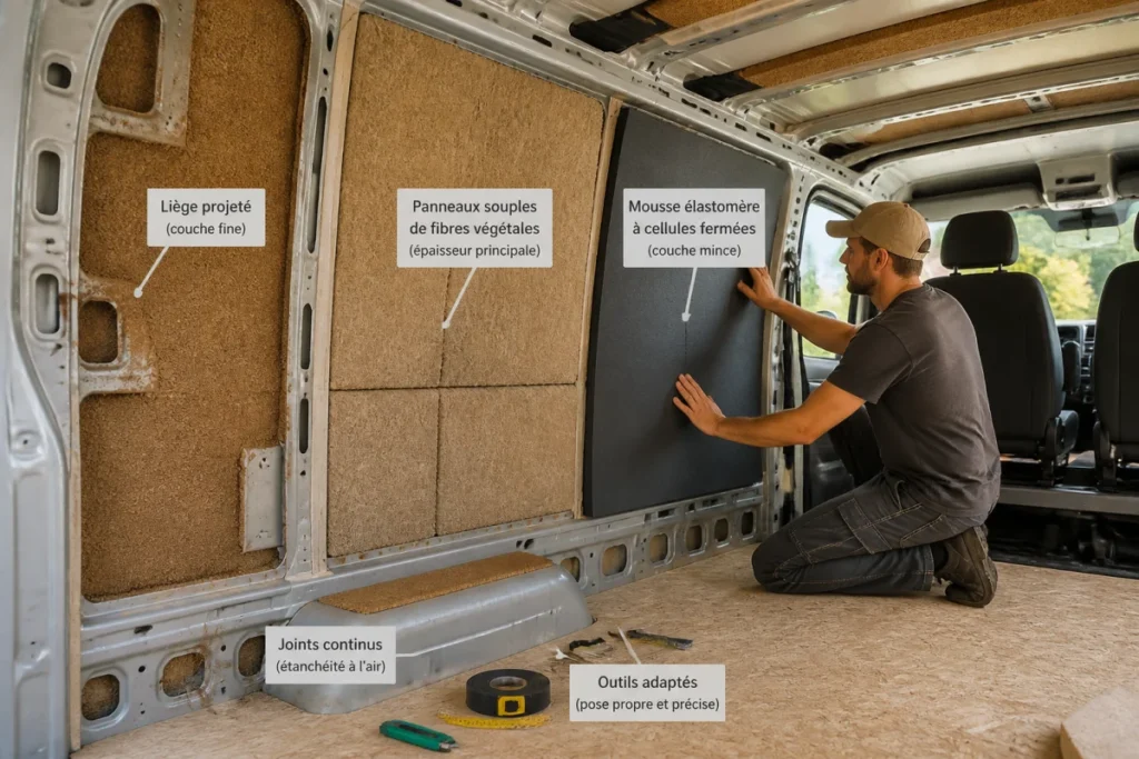Quel isolant pour van aménagé : superposition de liège, fibres végétales et mousse élastomère sur la carrosserie intérieure