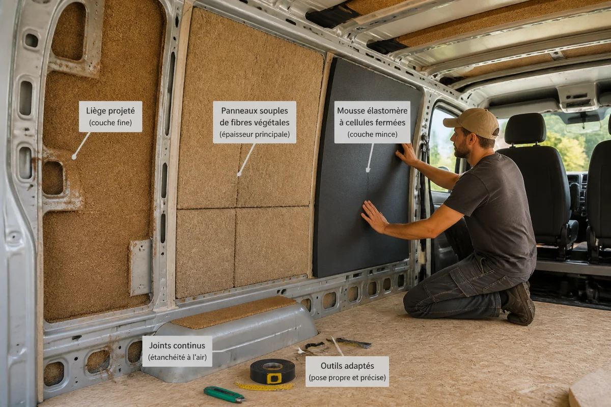 Quel isolant pour van aménagé : superposition de liège, fibres végétales et mousse élastomère sur la carrosserie intérieure