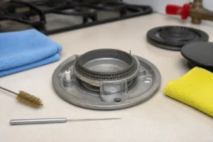Comment nettoyer des brûleurs de gaz démontés avec une brosse métallique et une aiguille fine dans une cuisine propre