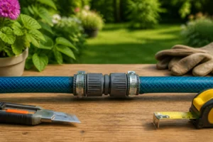 Réparation d’un tuyau d’arrosage sectionné avec raccord et collier de serrage sur une table de jardinWinvalid